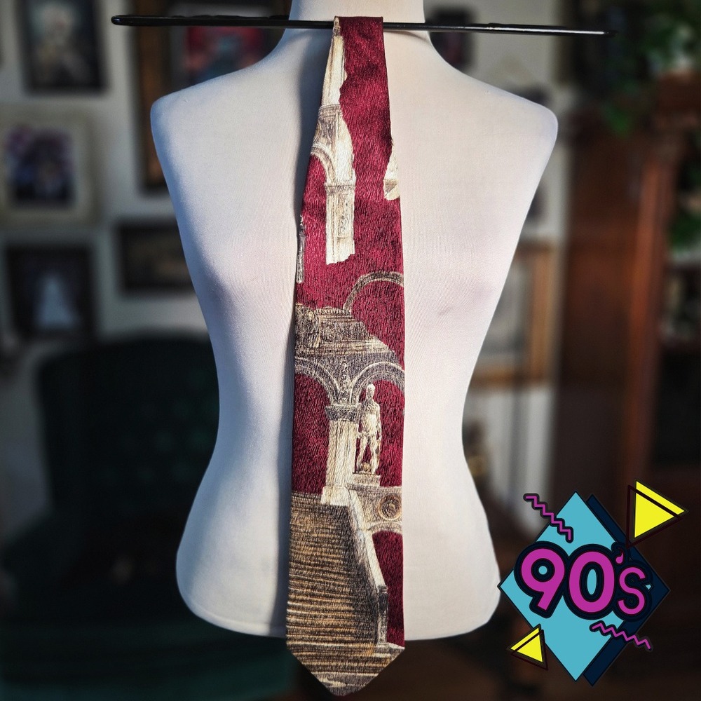 Structure Silk Tie Vintage 90s Mens Burgundy Roman Architecture Statue USA Made